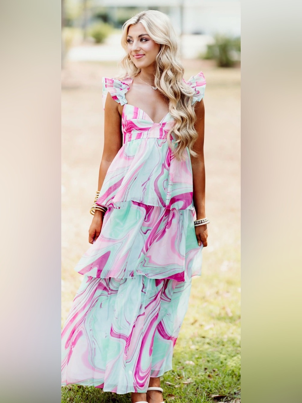 Karlie Aqua Pink Multi Swirl Organza Tiered Maxi Dress Ruffle Strap L NWT - Picture 4 of 8